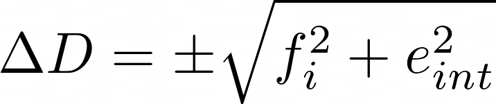 wzór na niepewność mikrometru: \Delta D = \pm \sqrt{f_i^2+ e_{int}^2}